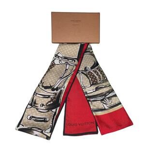 Louis Vuitton Bandeau Tribute Two Red Beige Silk Scarf W/Box